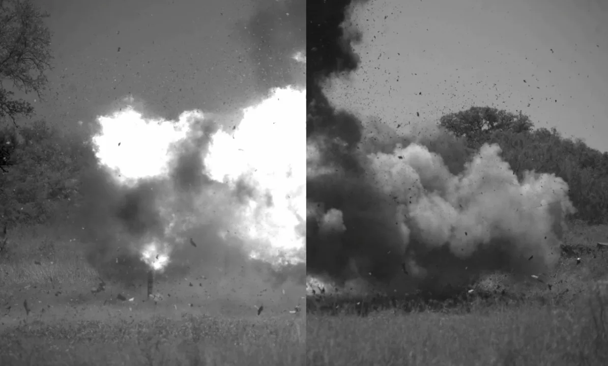 Split-screen high-speed frame 75 milliseconds after a 600 gram C-4 detonation. The unmitigated left side is filled with a bright fireball and smoke; the mitigated right side shows a pale smoke cloud with no large fireball.