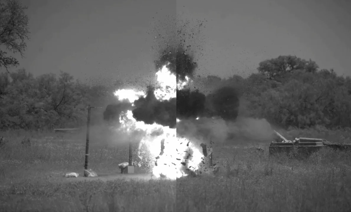 Split-screen high-speed frame 5 milliseconds after a 600 gram C-4 detonation, unmitigated on the left and mitigated without phase change materials on the right.