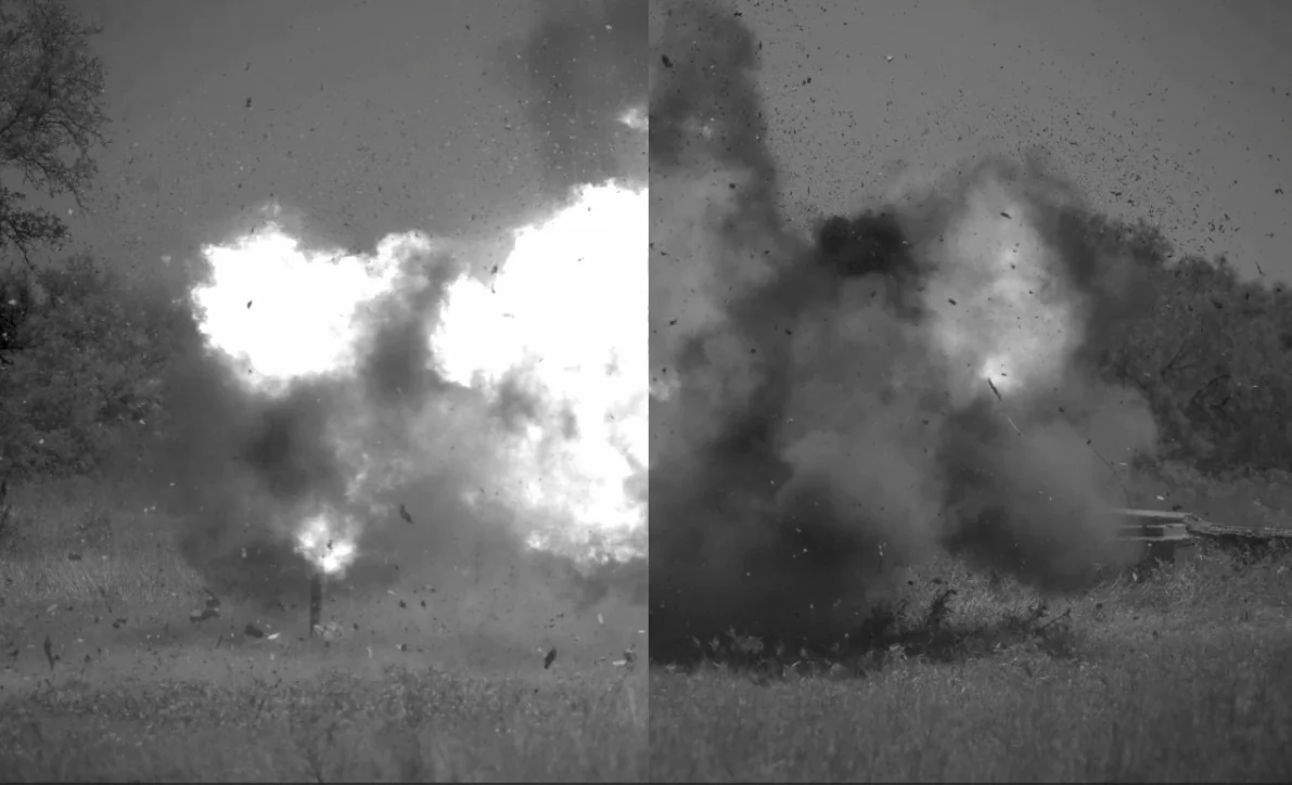 Split-screen high-speed frame 75 milliseconds after a 600 gram C-4 detonation, with glowing gas visible in the upper right of the mitigated side.
