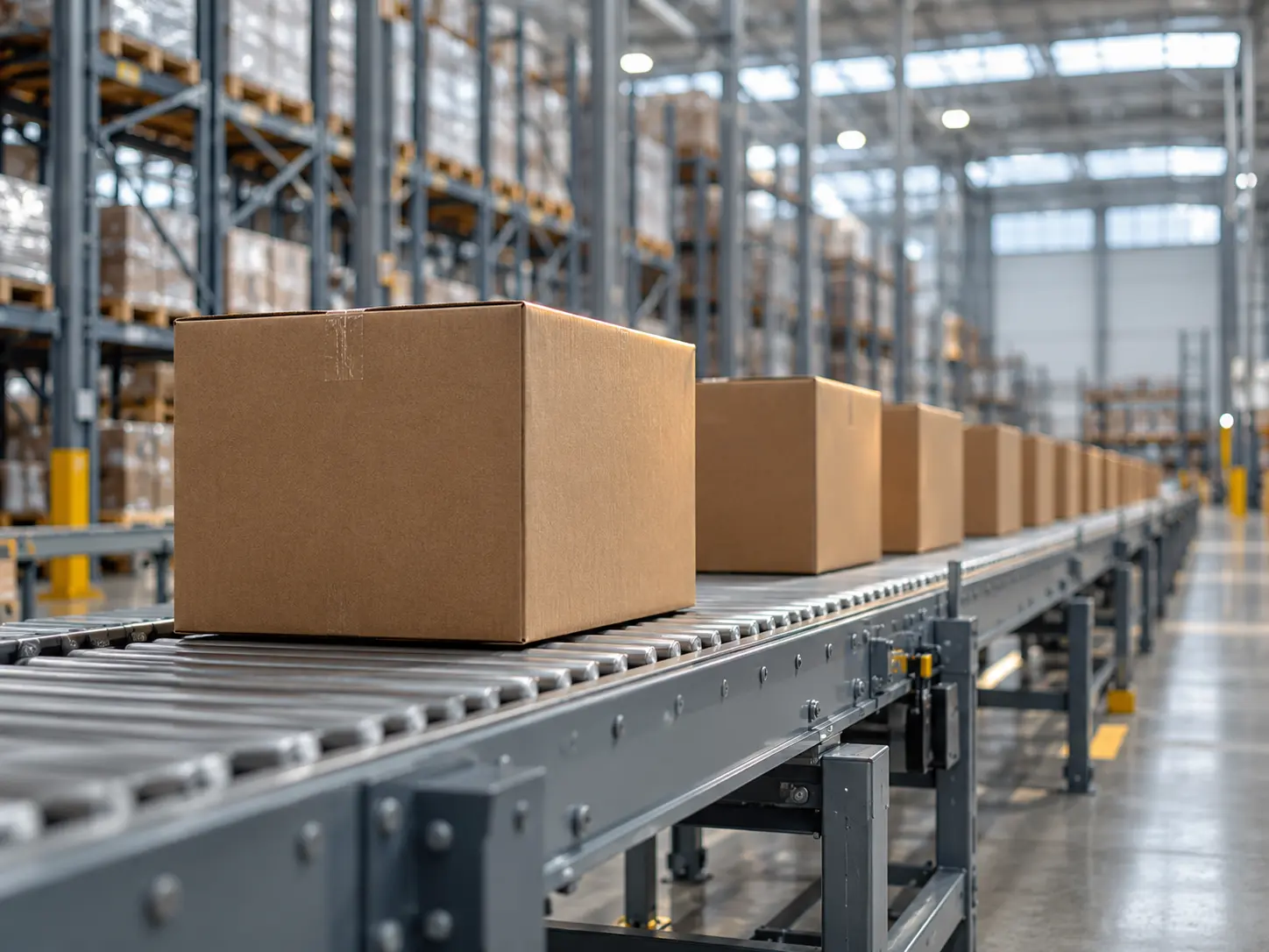Plain brown corrugated cartons moving along a conveyor in a bright fulfillment center.