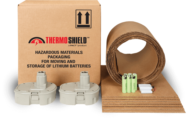 A Thermo Shield TMS Kit: a corrugated carton marked for lithium battery packaging, rolled and flat sheets of corrugated wrap, and lithium cells.
