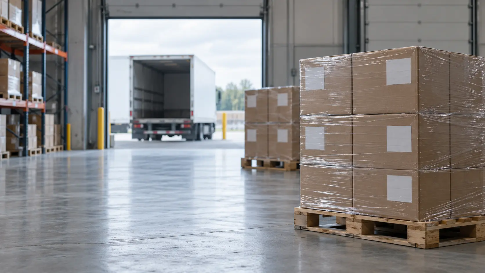 A pallet of plain corrugated cartons near an open loading dock in a warehouse.