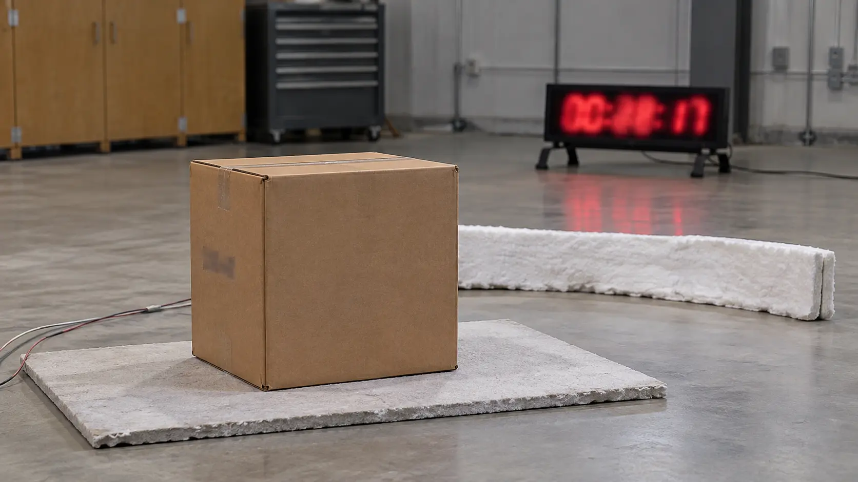 Illustration of a closed corrugated carton standing on a pale board in a test area.