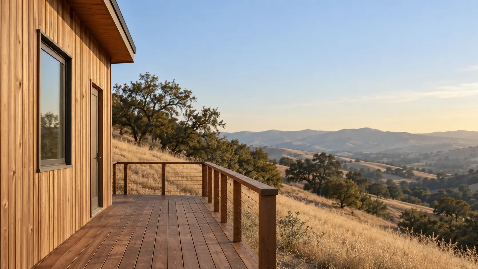 A wood deck and cedar-toned siding on a home in dry, hilly country.